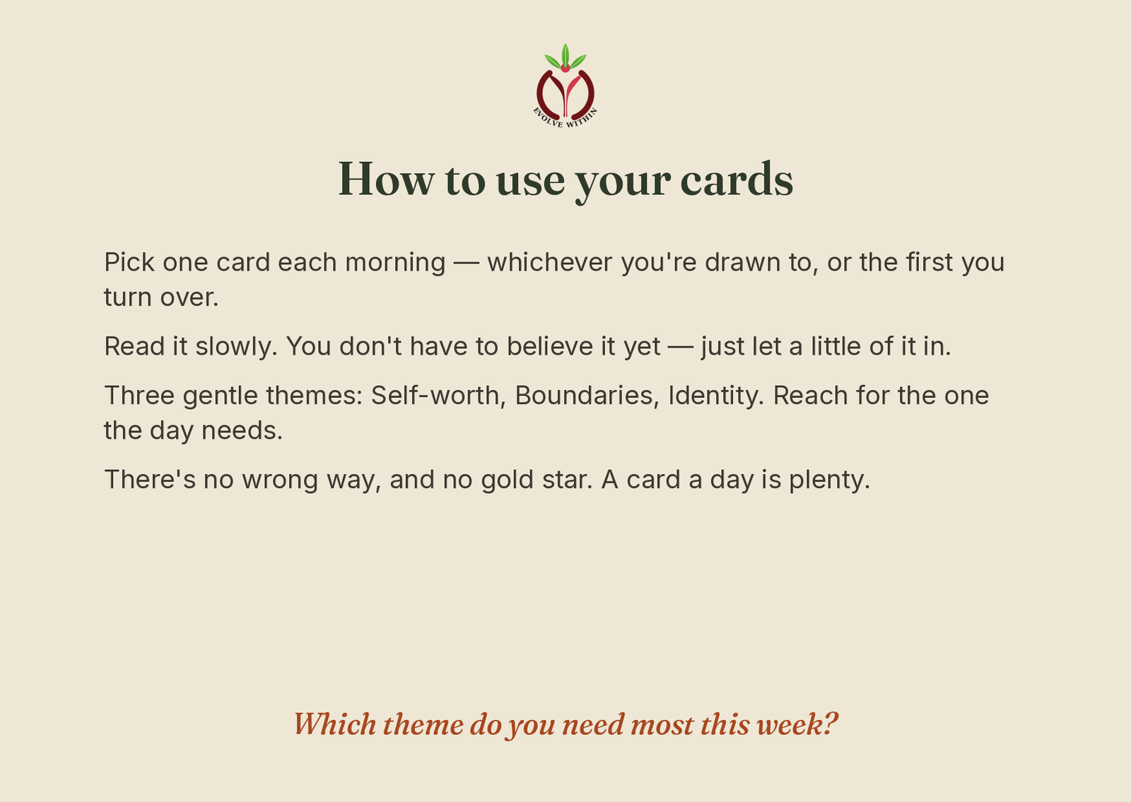 Come Back to Yourself Cards — "How to use your cards" guide card on cream.
