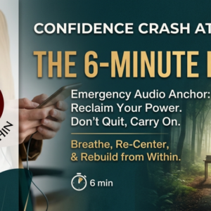 Wide banner reading "Confidence crash at work? The 6-Minute Reset —The 6-Minute Reset — Audio Anchor for Confidence at Work", a hand holding a phone with an earbud cable against a forest and office-desk background, with the Evolve Within logo.