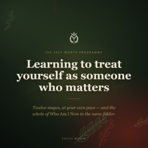 Square dark green cover reading "Learning to treat yourself as someone who matters" — twelve stages at your own pace, with the whole of Who Am I Now in the same folder.
