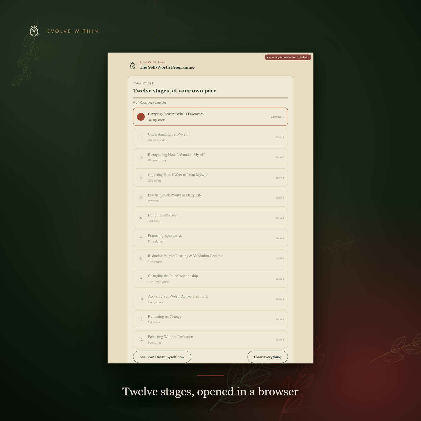 The programme open in a browser on a phone: a numbered list of twelve stages, "0 of 12 stages complete", stage one open and the rest waiting.