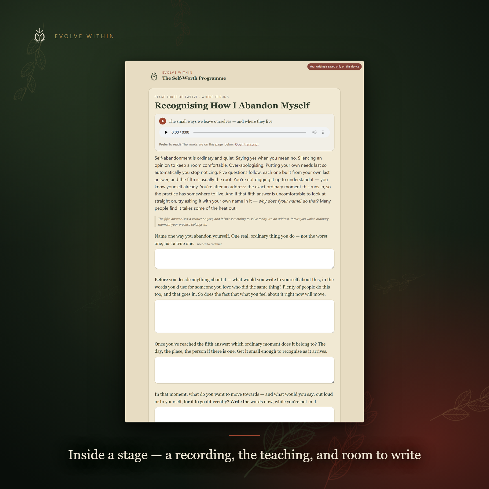 Inside stage three, "Recognising How I Abandon Myself": an audio player with transcript link, the written teaching, and three empty boxes to write your own answers into.
