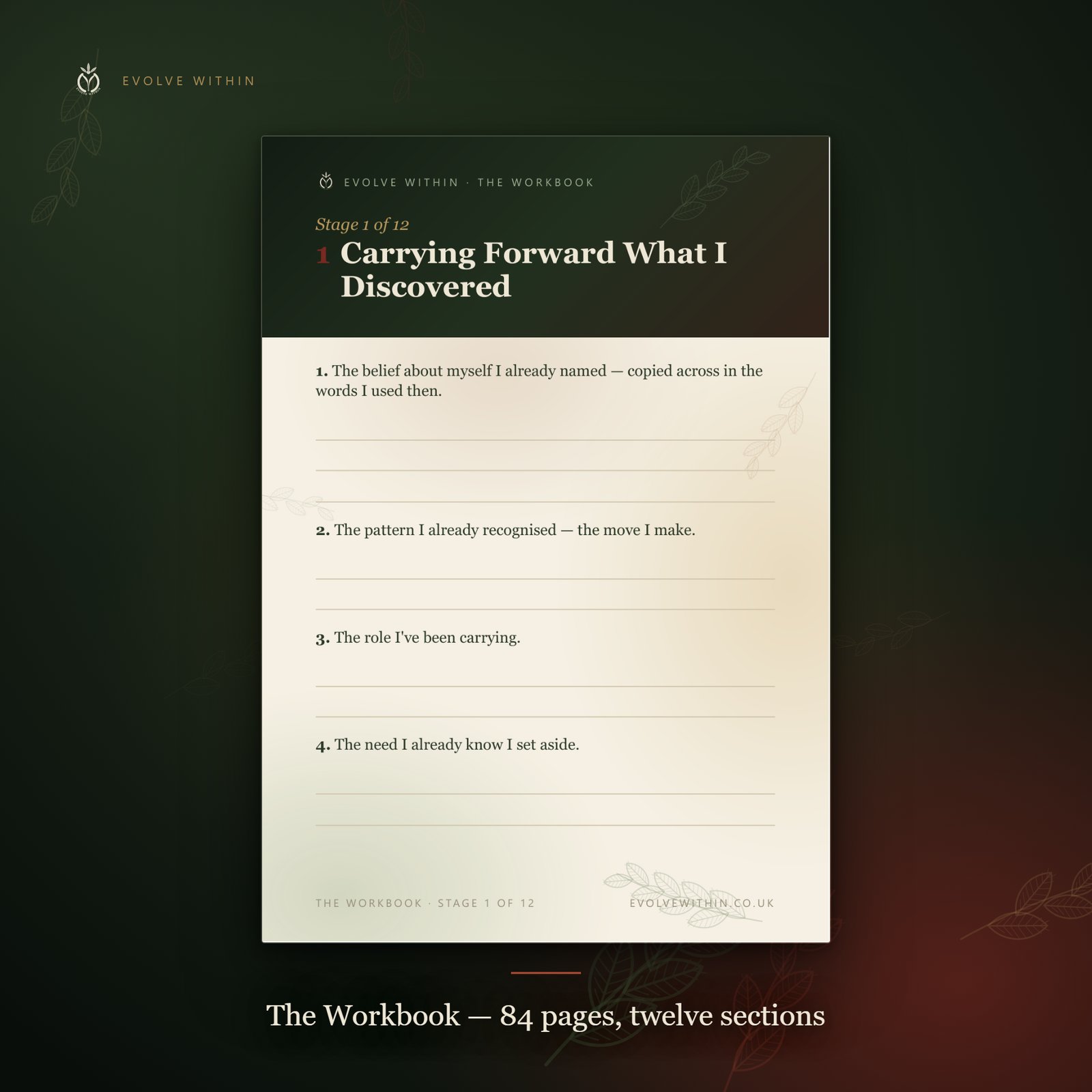 A page from the Workbook — stage one of twelve, "Carrying Forward What I Discovered": four numbered prompts with ruled lines to write on.