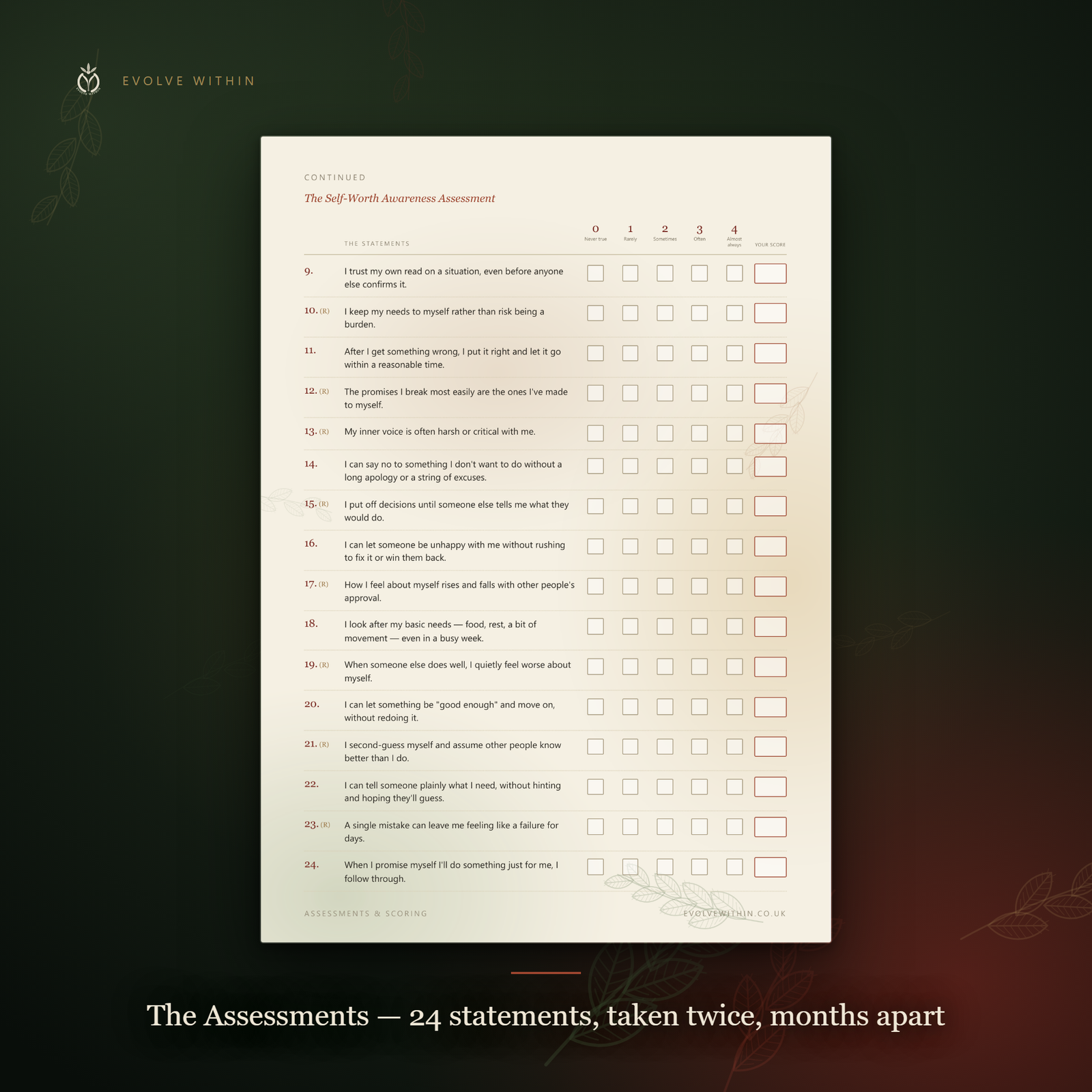 The 24-statement awareness assessment on paper: numbered statements down the left, a nought-to-four rating grid across, taken once at the start and again months later.