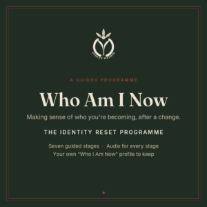 Who Am I Now — Identity Reset Programme cover: a guided programme for making sense of who you're becoming after a change
